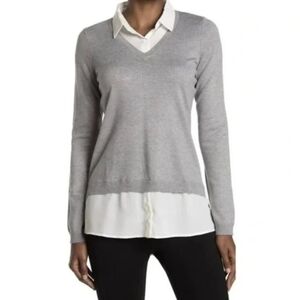 Adrianna Papell Gray V-Neck Sweater with White Trim - Size L